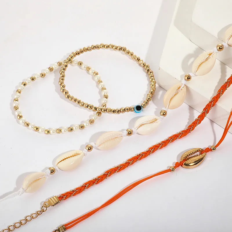 Braided Wax Line Rice Zhu Conch Shell Anklet 5-Piece Set