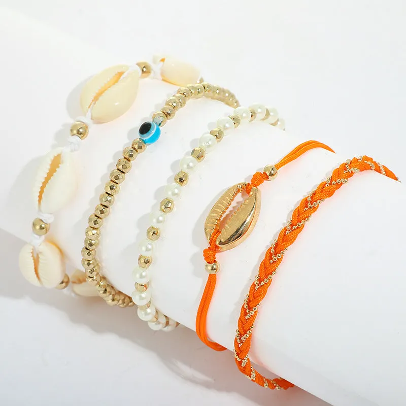 Braided Wax Line Rice Zhu Conch Shell Anklet 5-Piece Set