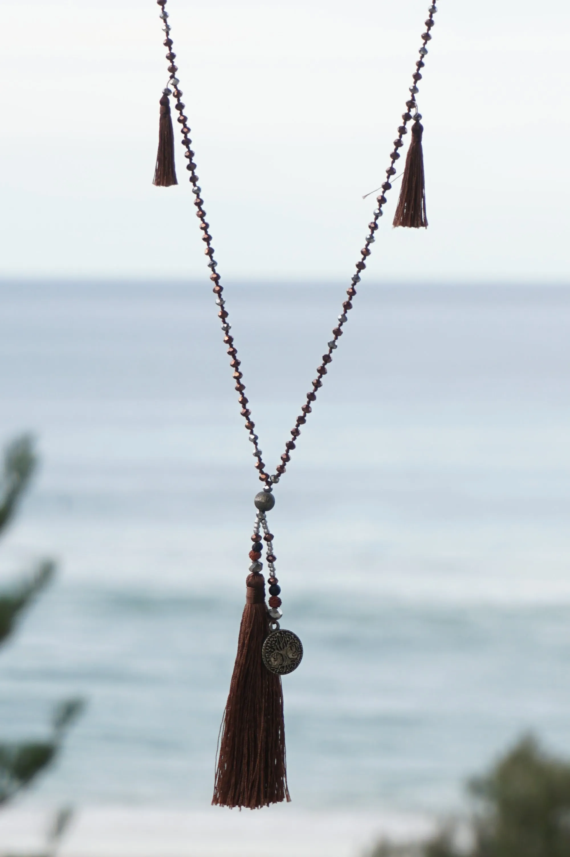 Brown Tree of Life Silver Coin and Tassel Necklace