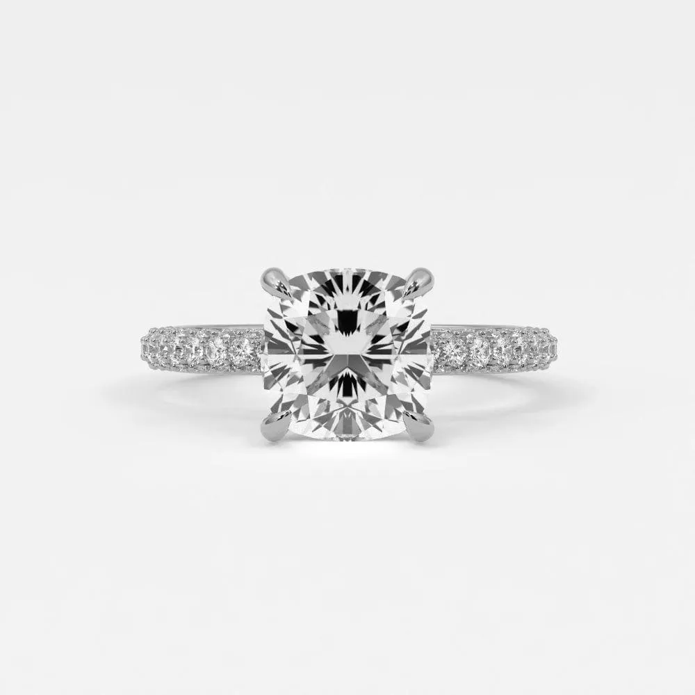 Cushion Cut Pave Diamond Hidden Halo Triple Row Band