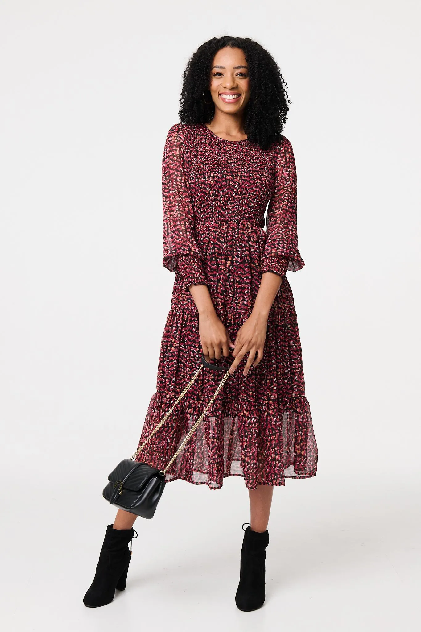 Ditsy Floral Tier Puff Sleeve Midi Dress