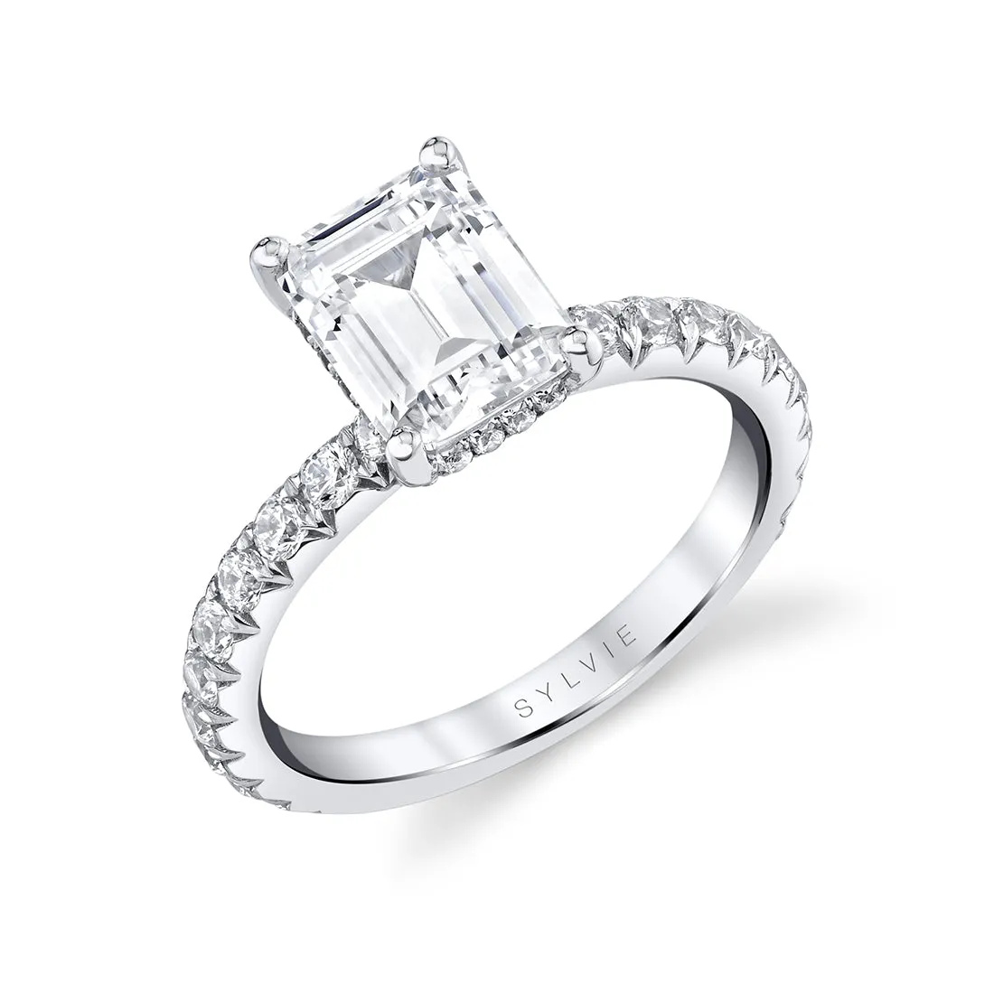 Emerald Cut Classic Wide Band Engagement Ring - Malencia Platinum White