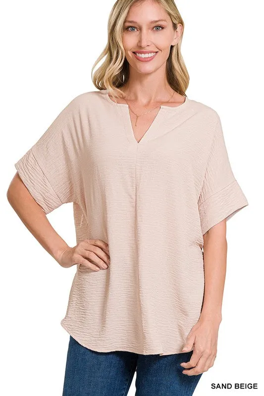 FS Clearance  Woven Airflow Split Neck Short Sleeve Top