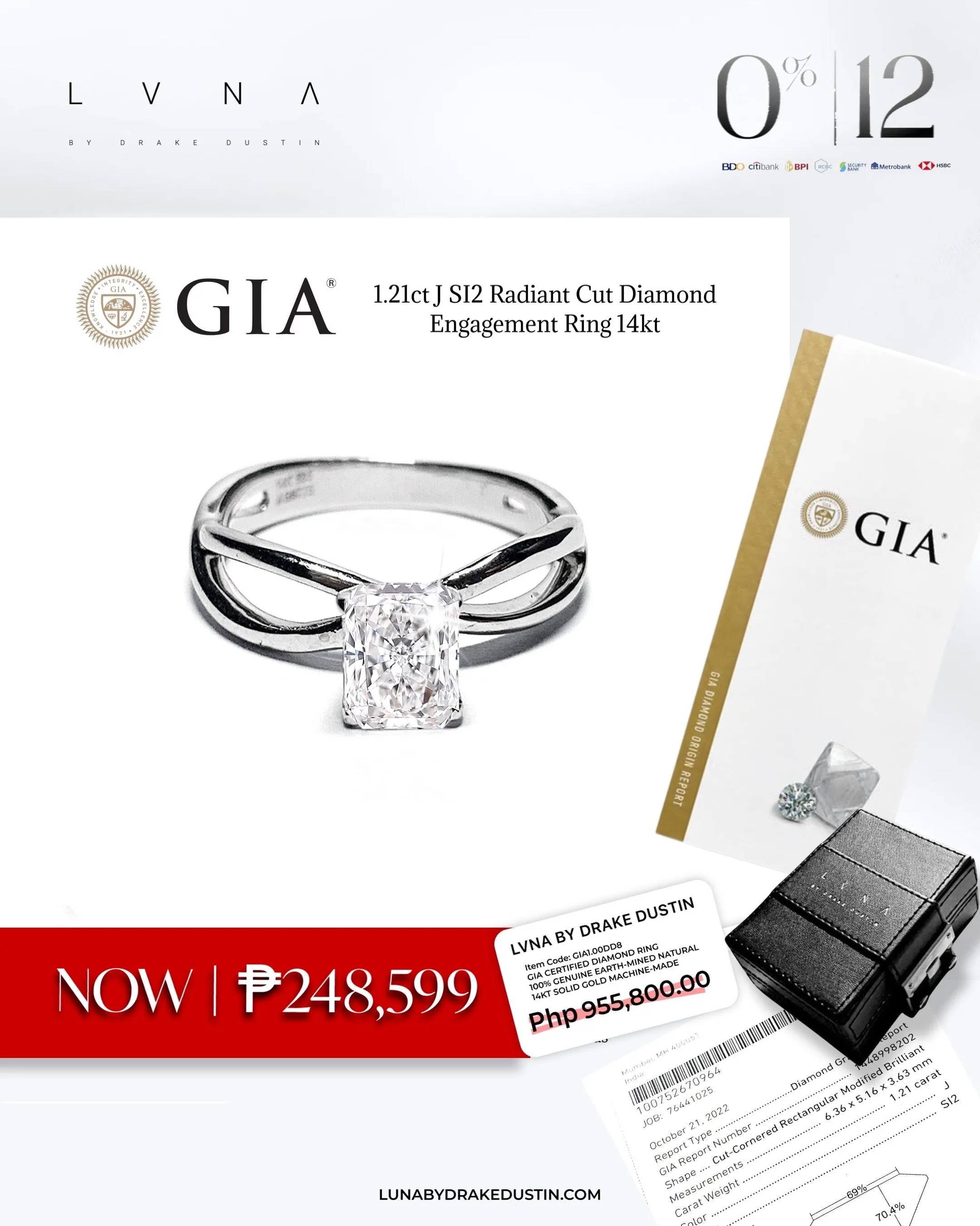 GIA CERTIFIED | 1.21ct J SI2 Radiant Cut Diamond Engagement Ring 14kt