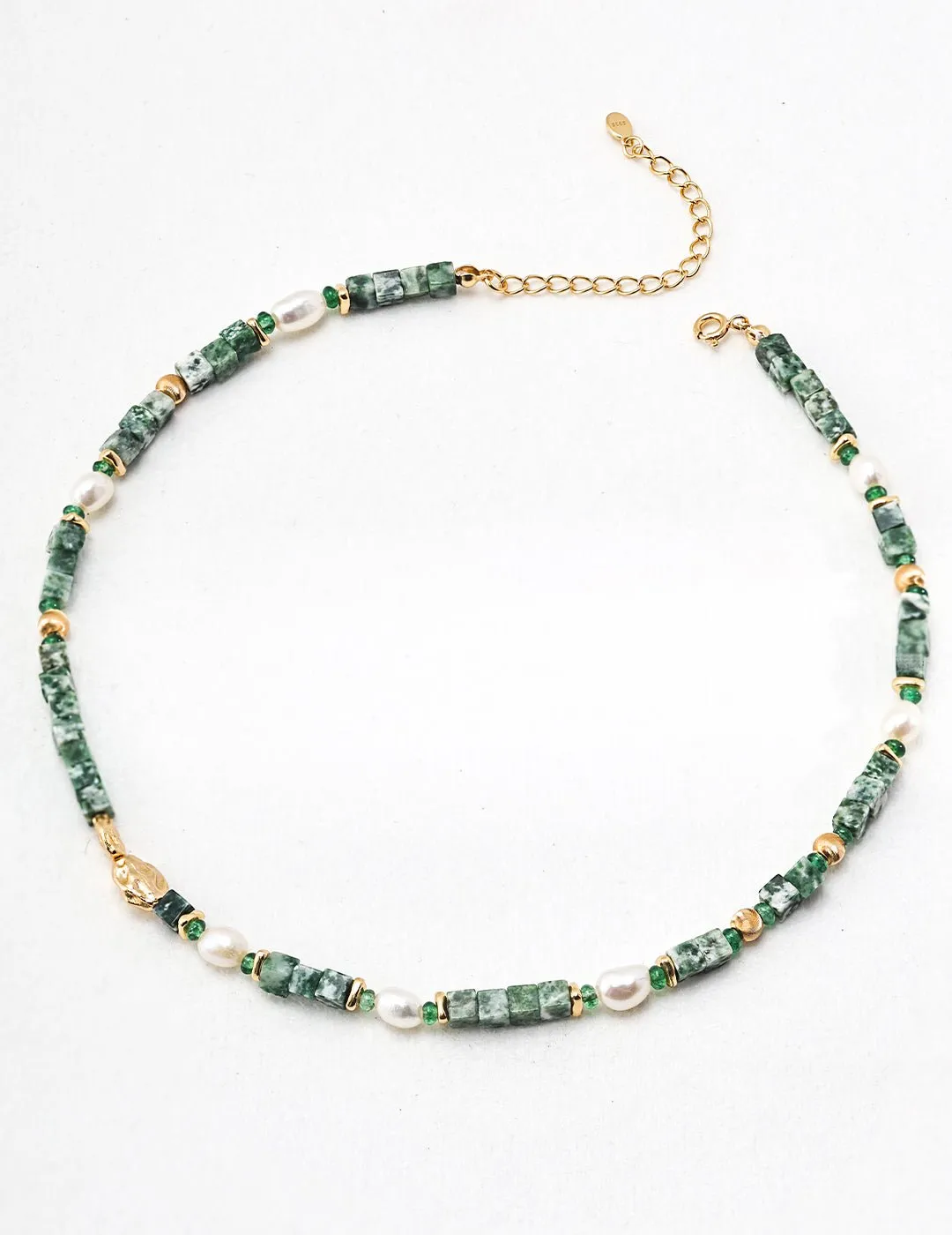 Green Cubic Jade and Pearl Beaded Necklace