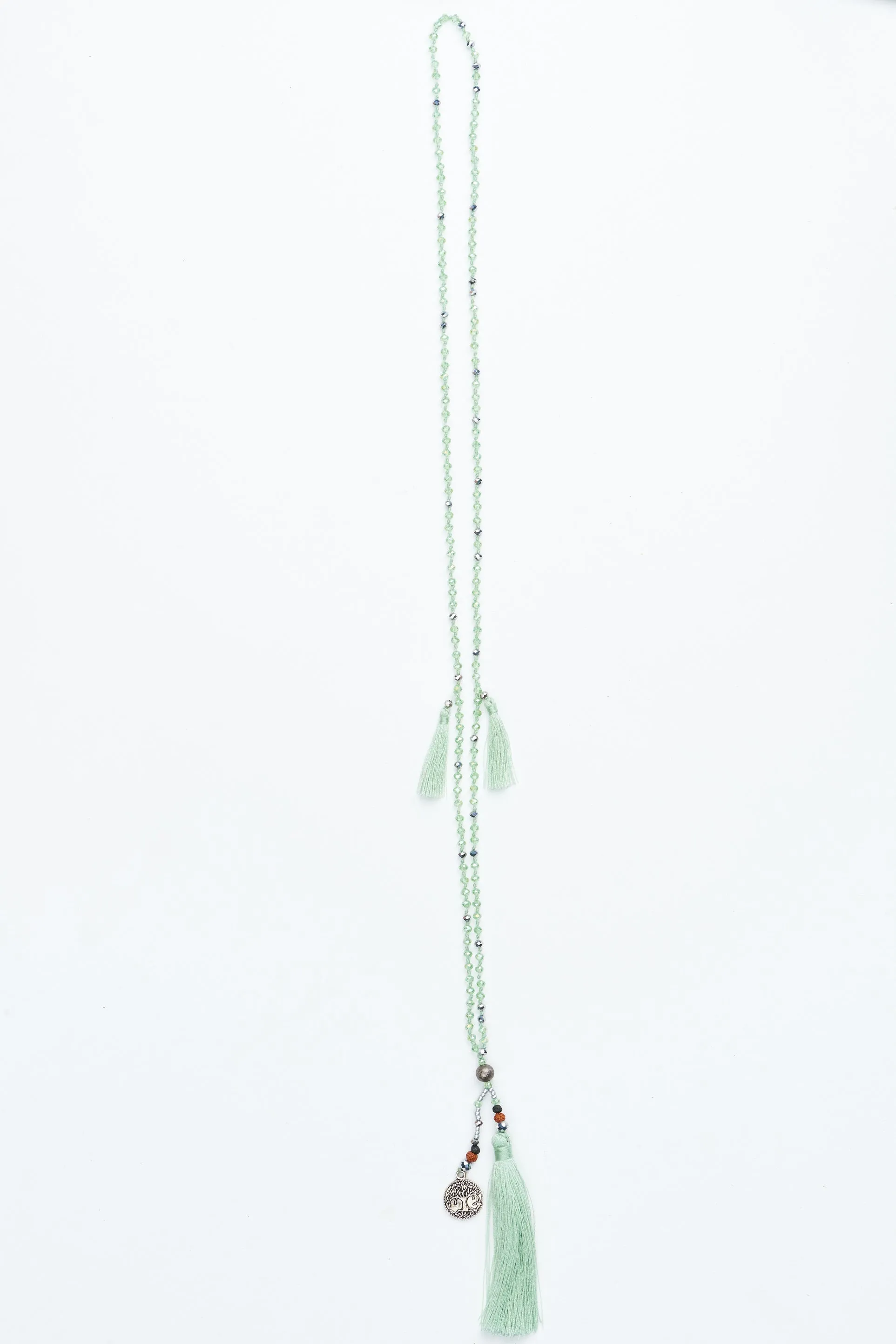 Green Tree of Life Silver Coin and Tassel Necklace