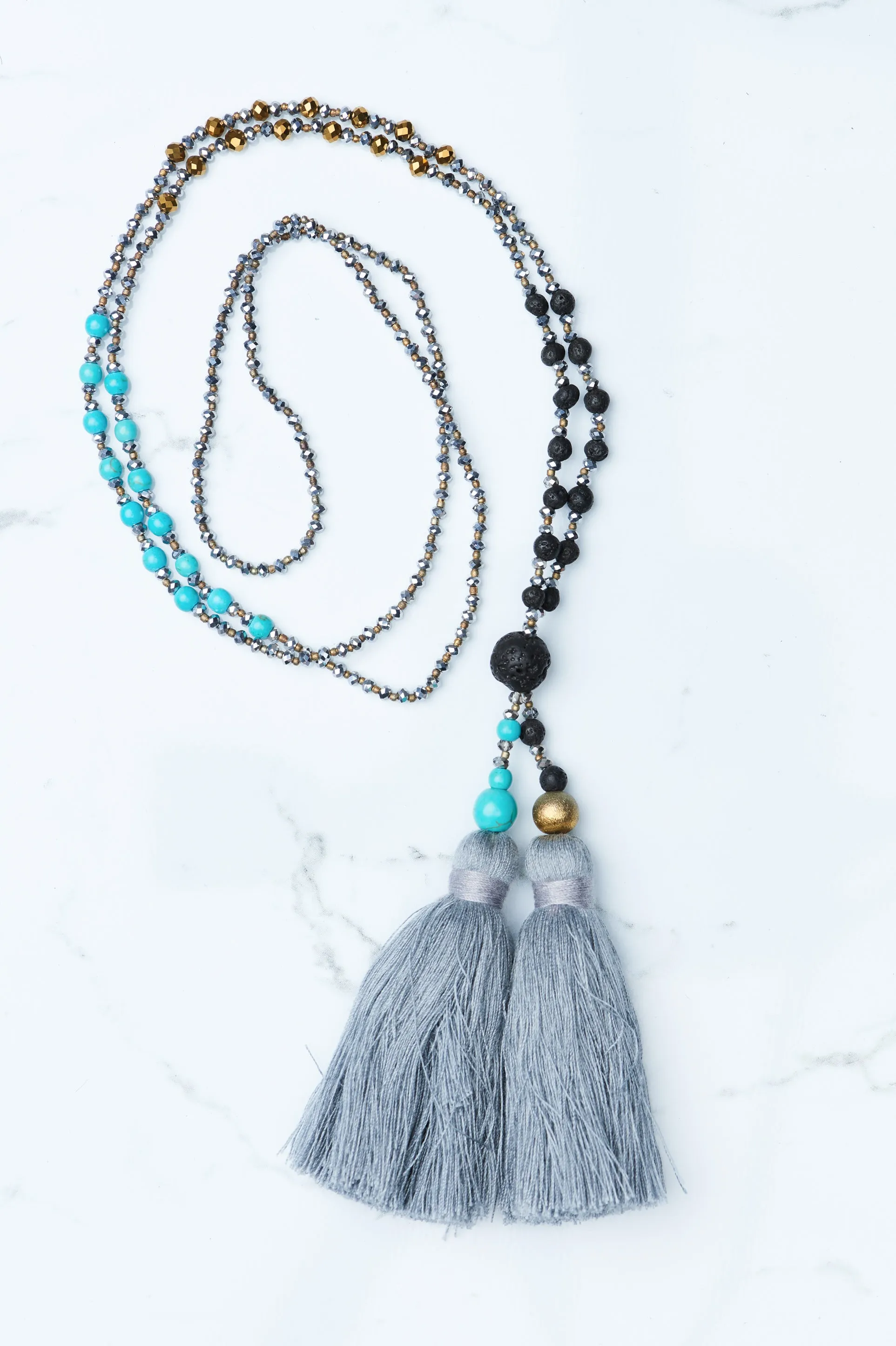 Grey Multi Beaded Double Tassel Necklace