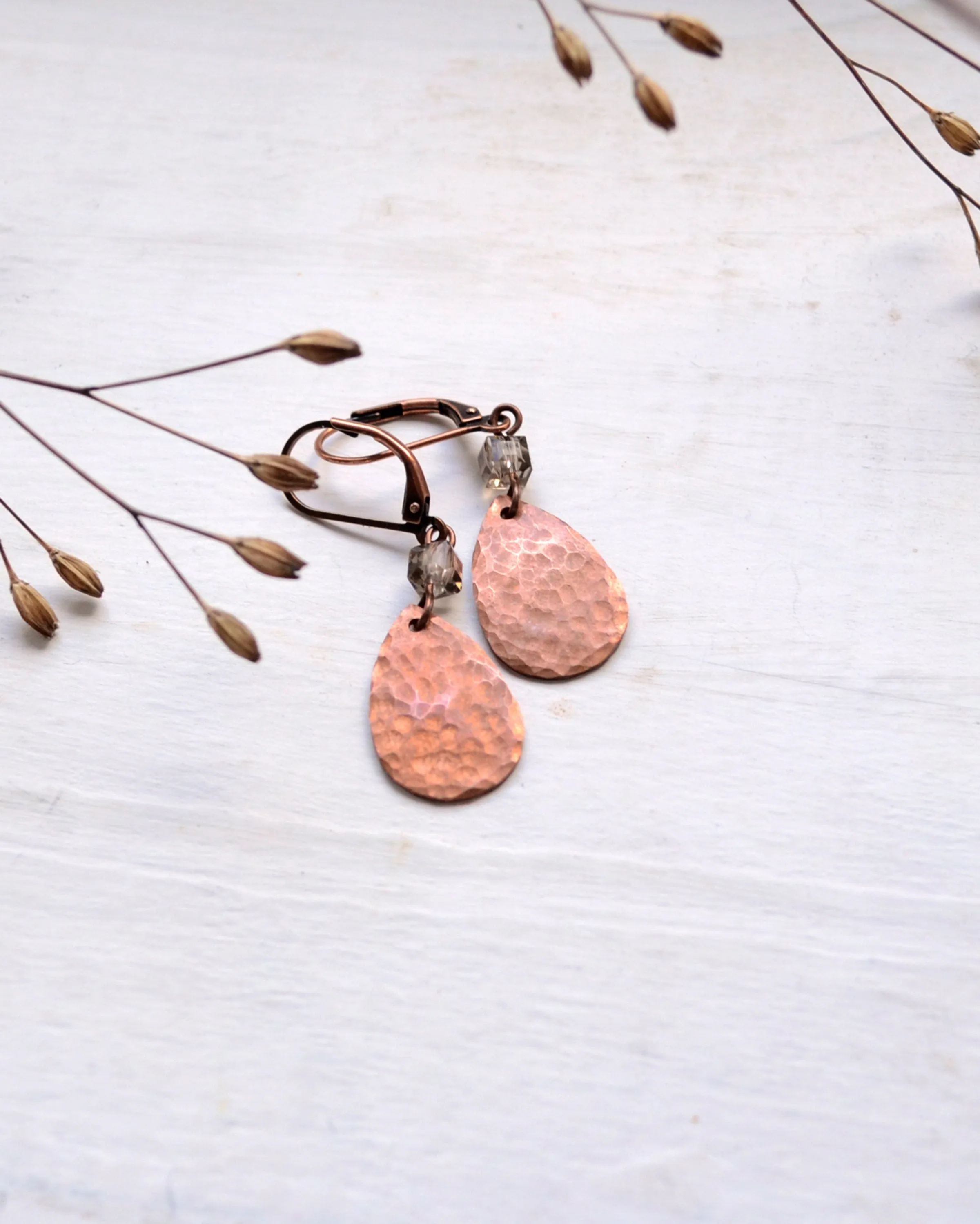 Hammered antique copper teardrop and smoked quartz earrings, romantic gift for her, copper anniversary