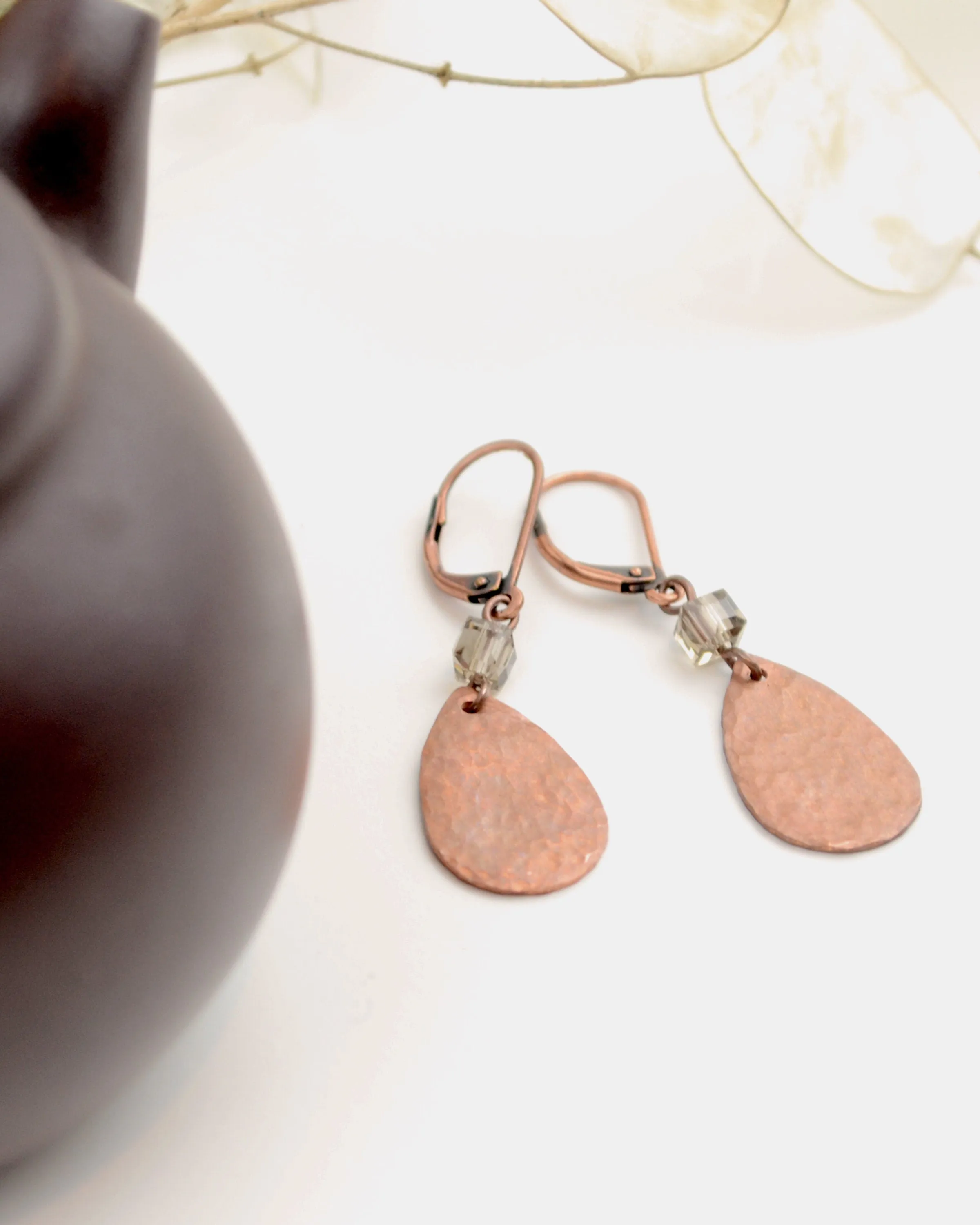 Hammered antique copper teardrop and smoked quartz earrings, romantic gift for her, copper anniversary