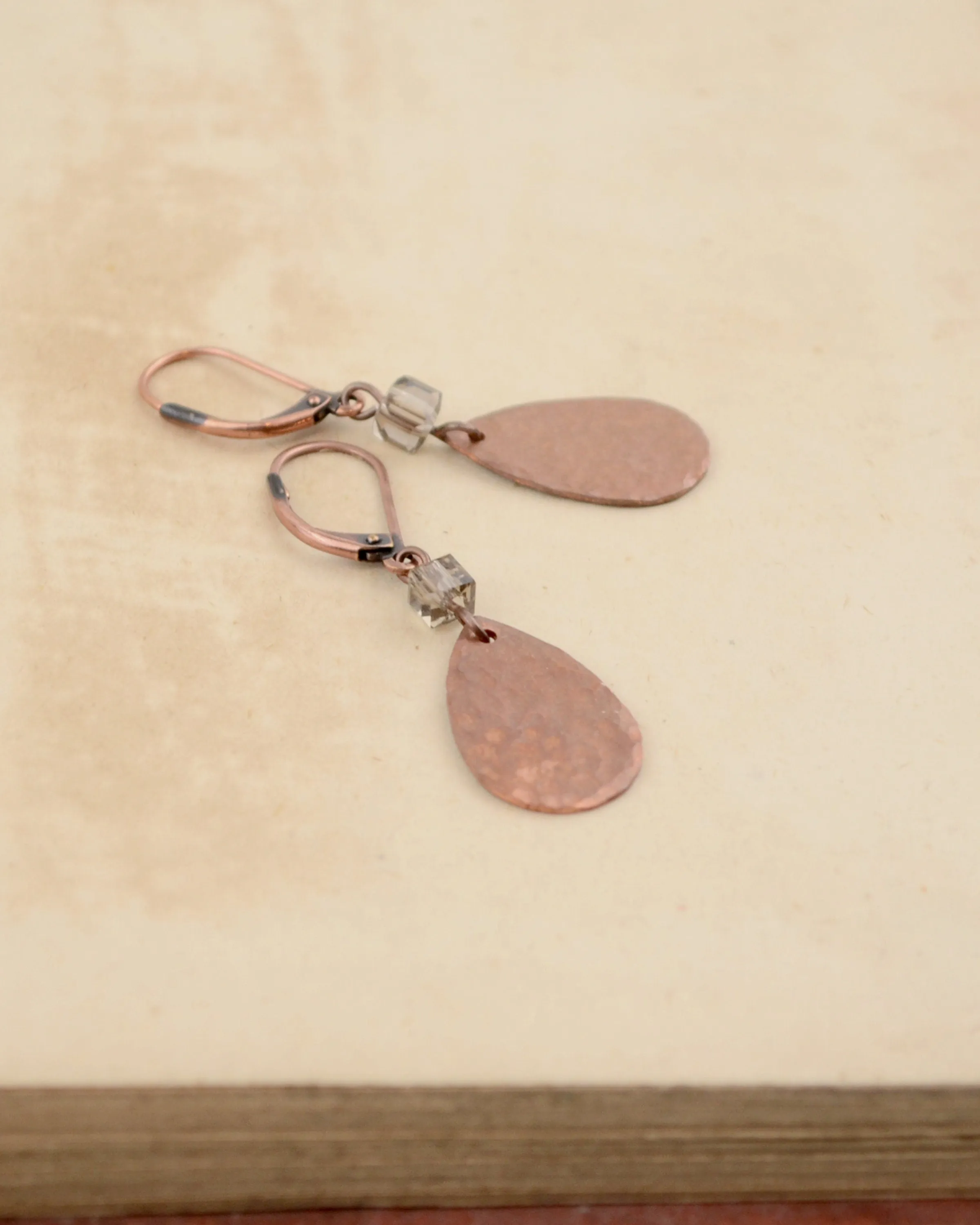 Hammered antique copper teardrop and smoked quartz earrings, romantic gift for her, copper anniversary