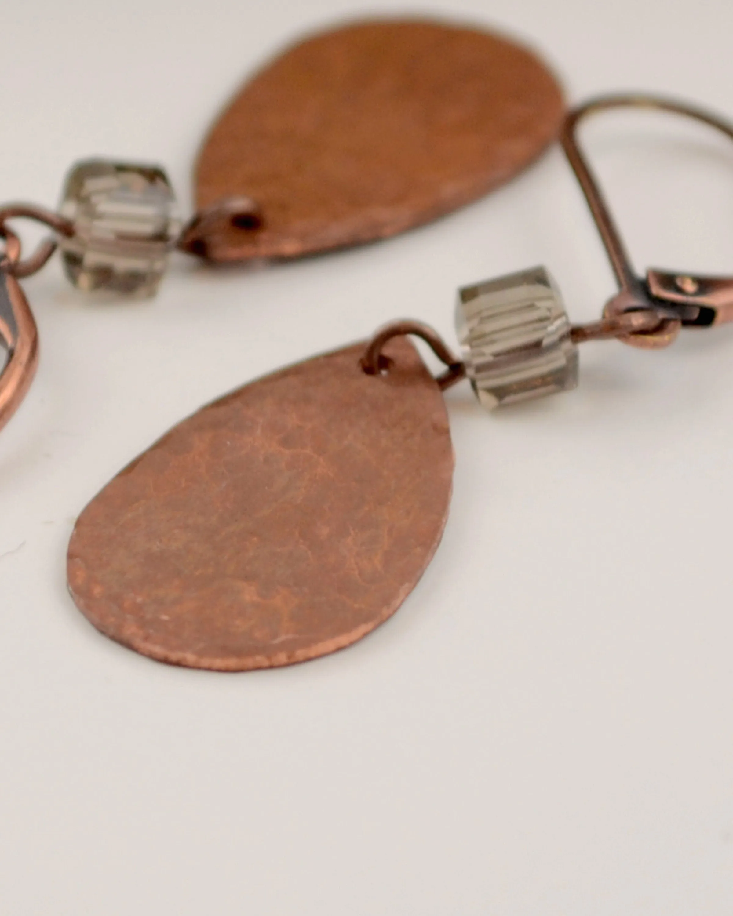 Hammered antique copper teardrop and smoked quartz earrings, romantic gift for her, copper anniversary