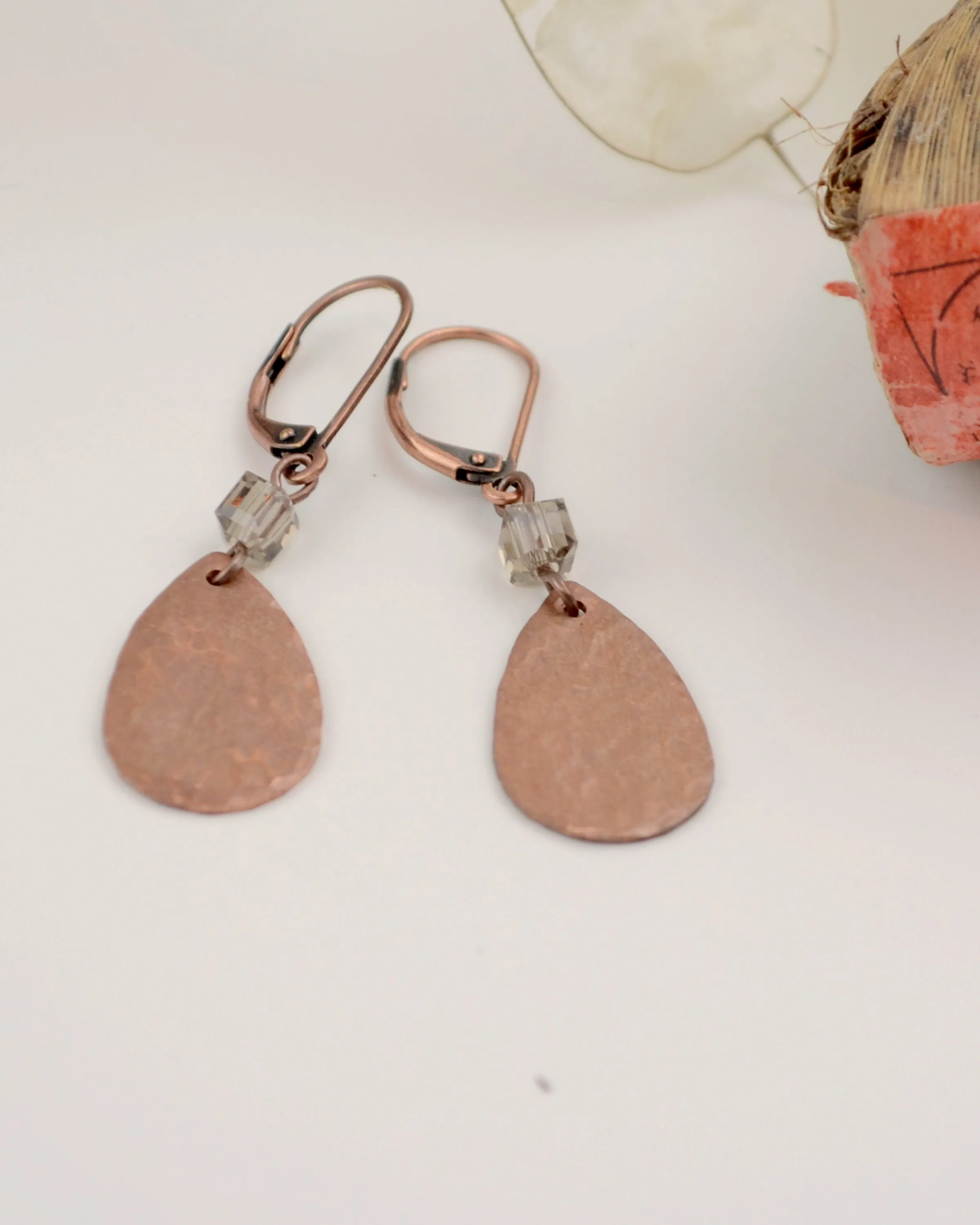 Hammered antique copper teardrop and smoked quartz earrings, romantic gift for her, copper anniversary