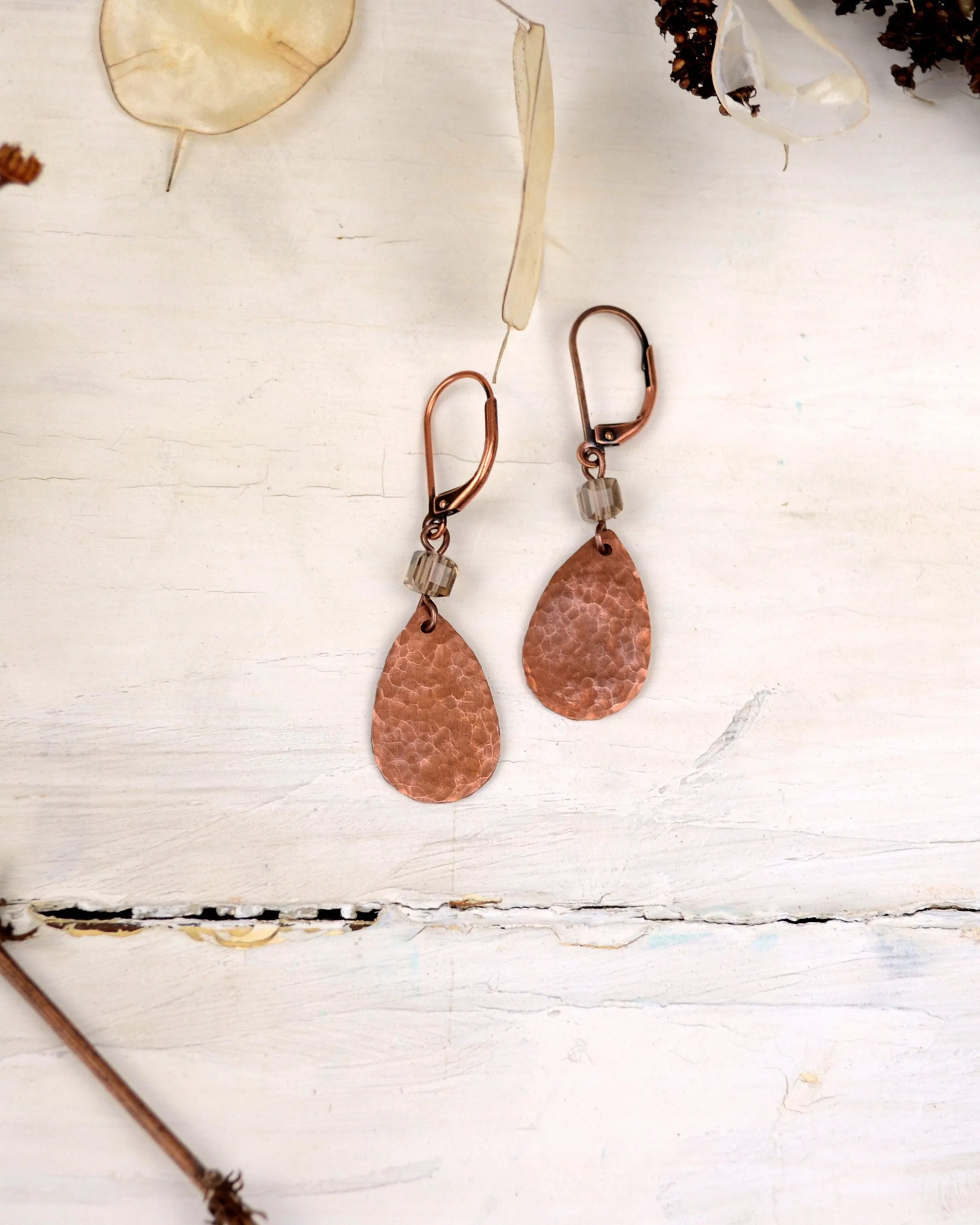 Hammered antique copper teardrop and smoked quartz earrings, romantic gift for her, copper anniversary