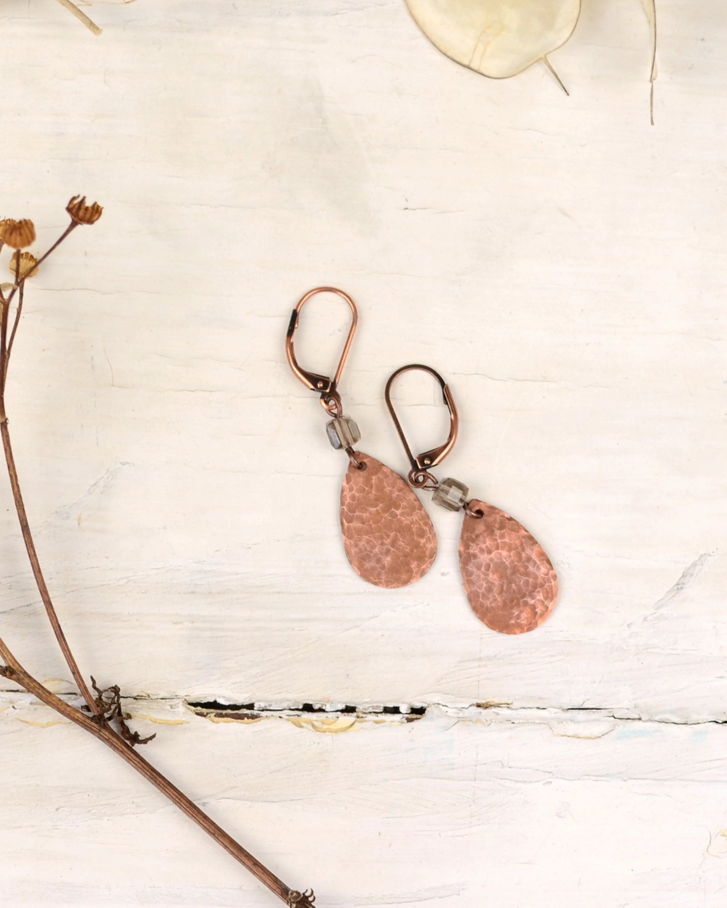 Hammered antique copper teardrop and smoked quartz earrings, romantic gift for her, copper anniversary