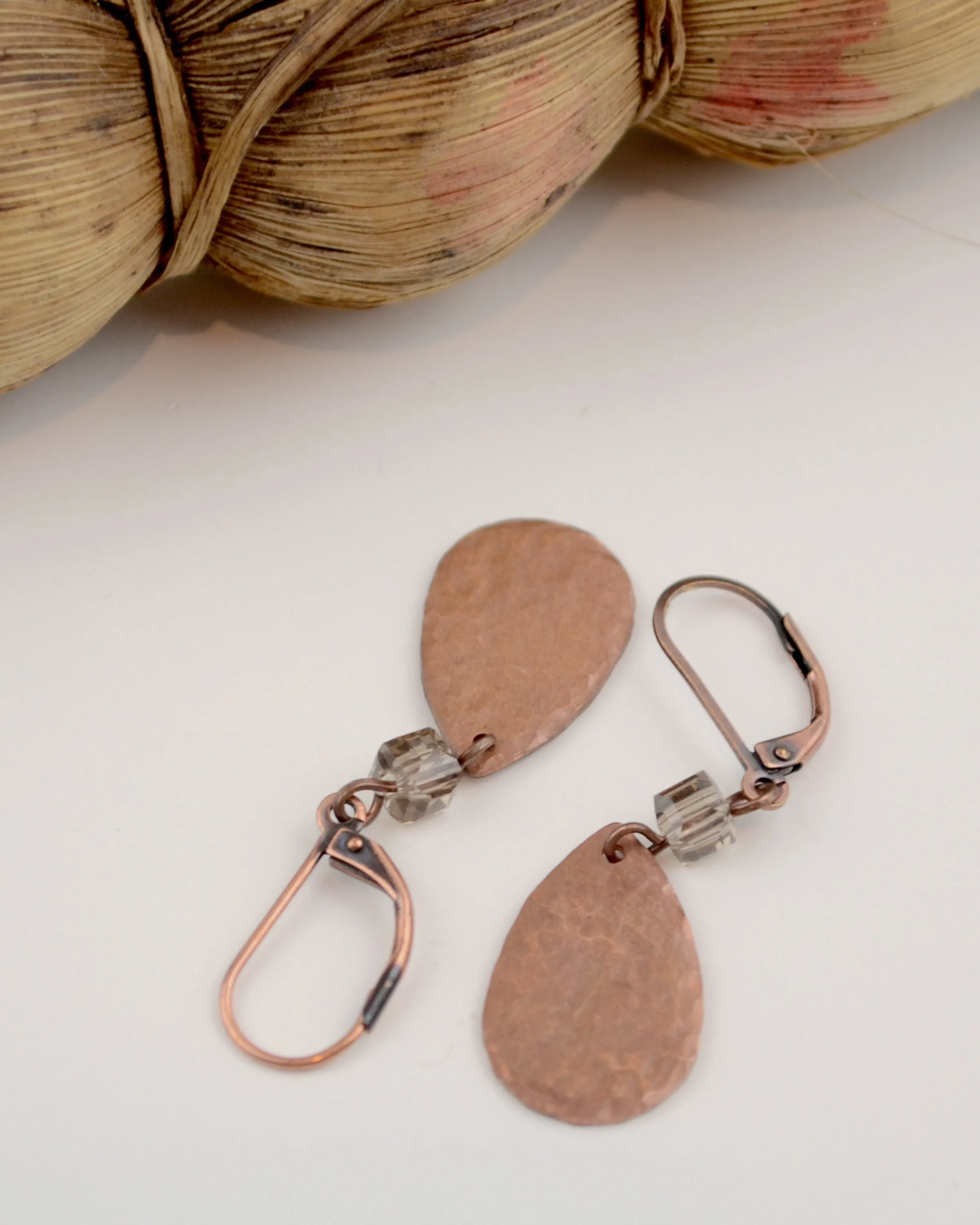 Hammered antique copper teardrop and smoked quartz earrings, romantic gift for her, copper anniversary