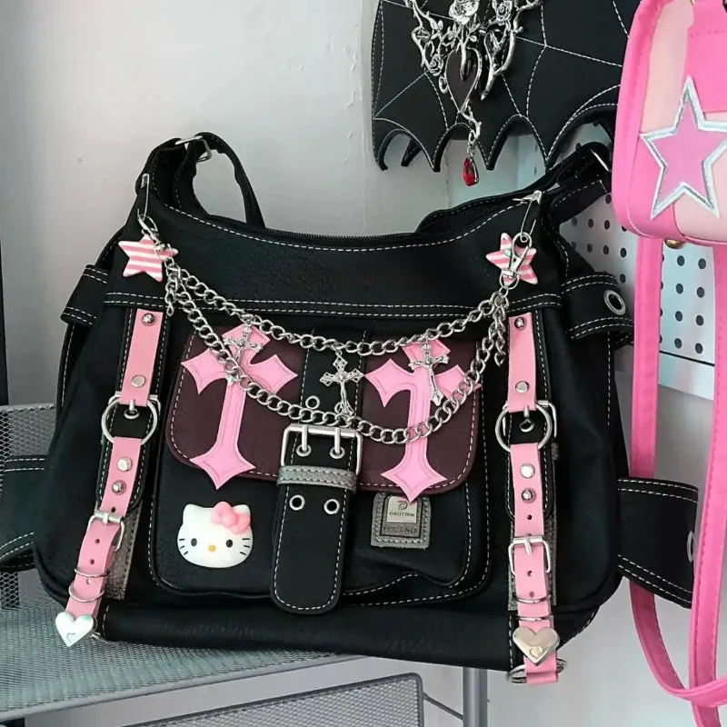 Hello High Crossbody Trend Punk Pink Kitty Gothic Vintage Capacity Bag