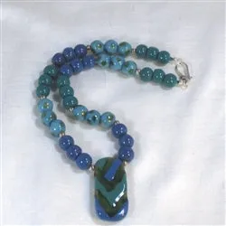 Kazuri Pendant Necklace in Blue Peacock and Green African Beads