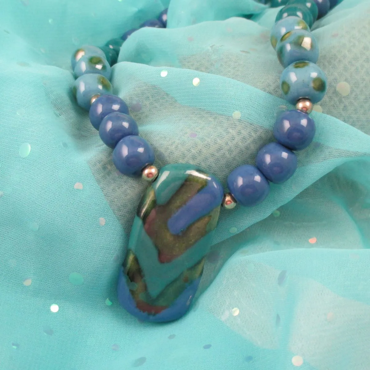 Kazuri Pendant Necklace in Blue Peacock and Green African Beads