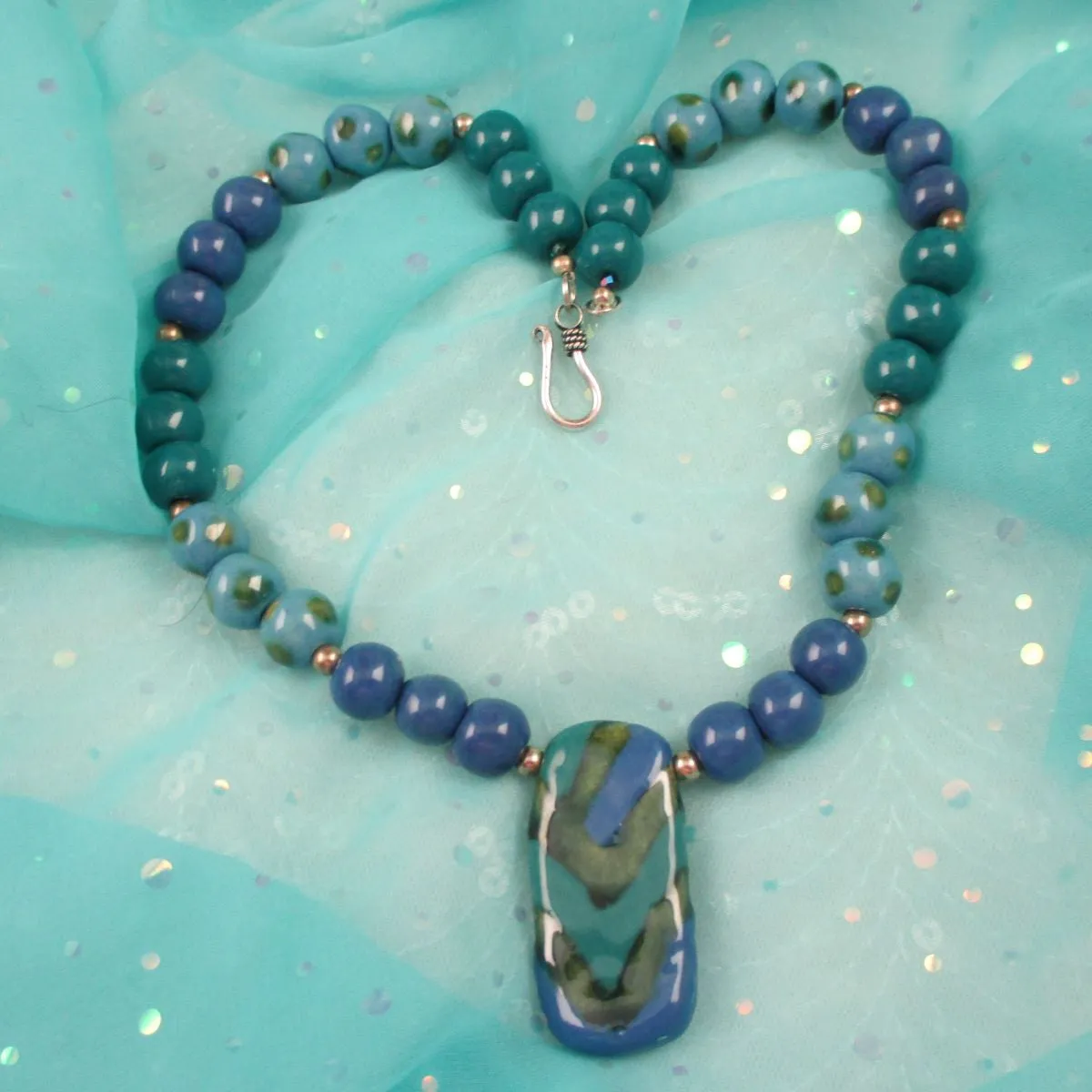 Kazuri Pendant Necklace in Blue Peacock and Green African Beads