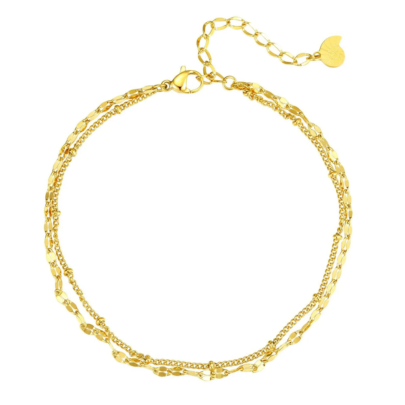 Layered Curb and Bobble Chain Anklet Gold