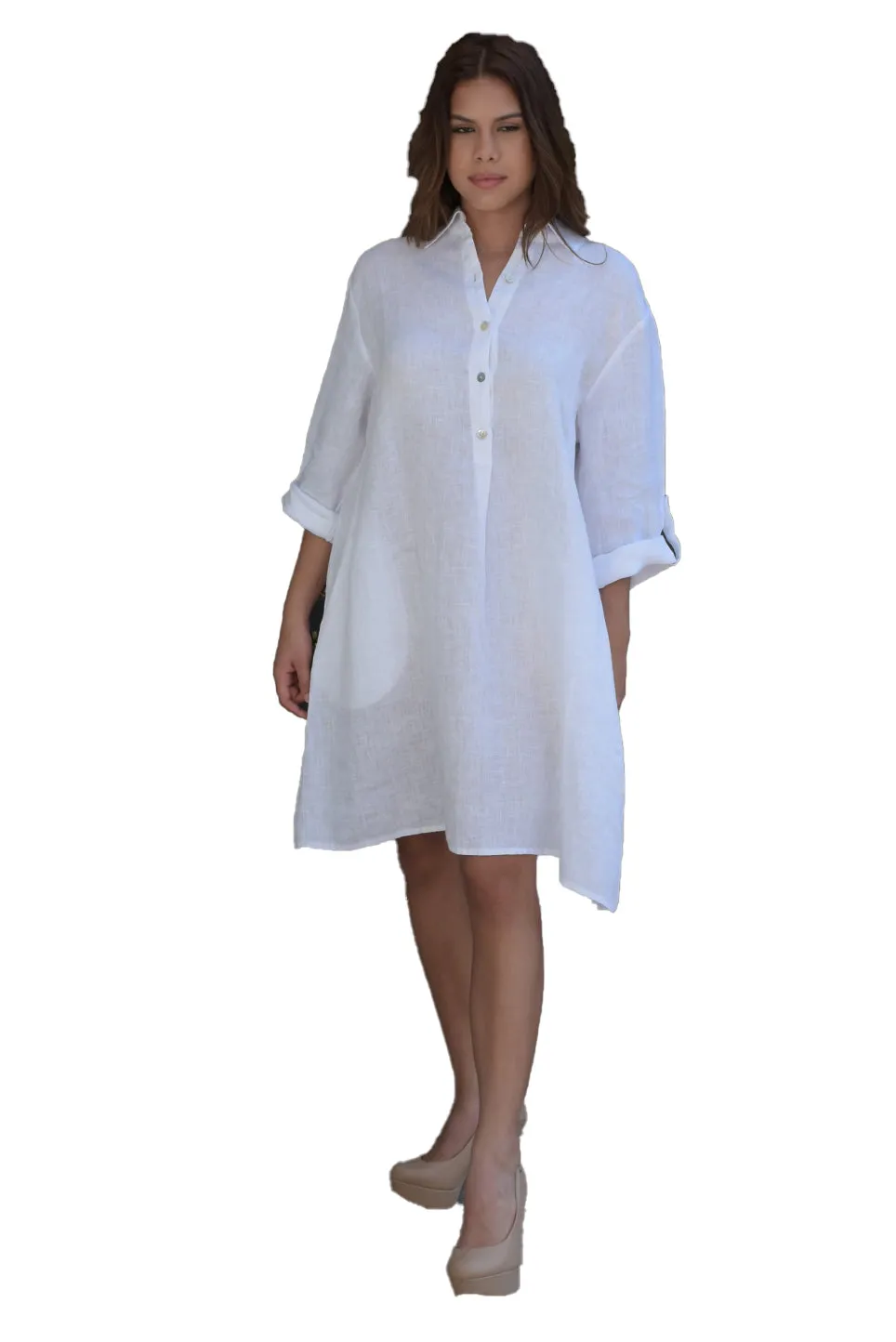 Linen Roll-Up Sleeve Tunic Dress by AZUCAR - LLWD2078