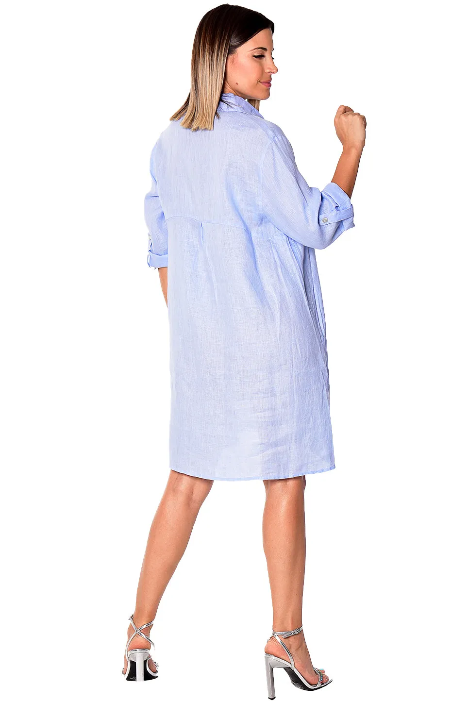 Linen Roll-Up Sleeve Tunic Dress by AZUCAR - LLWD2078