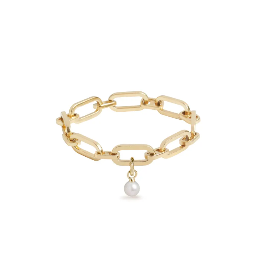 Link Chain Bracelet and Round Cultured Pearl Charm Gold Set