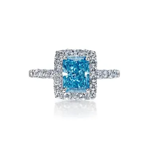 LYDIA 2 Carat Fancy Vivid Greenish Blue VS1 Radiant Cut Lab Grown Diamond Engagement Ring in 14k White Gold. IGI Certified