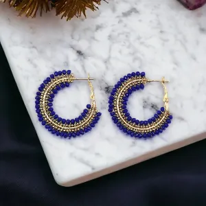 Mini  Beaded Ombre Hoop Earrings - Lapis Blue