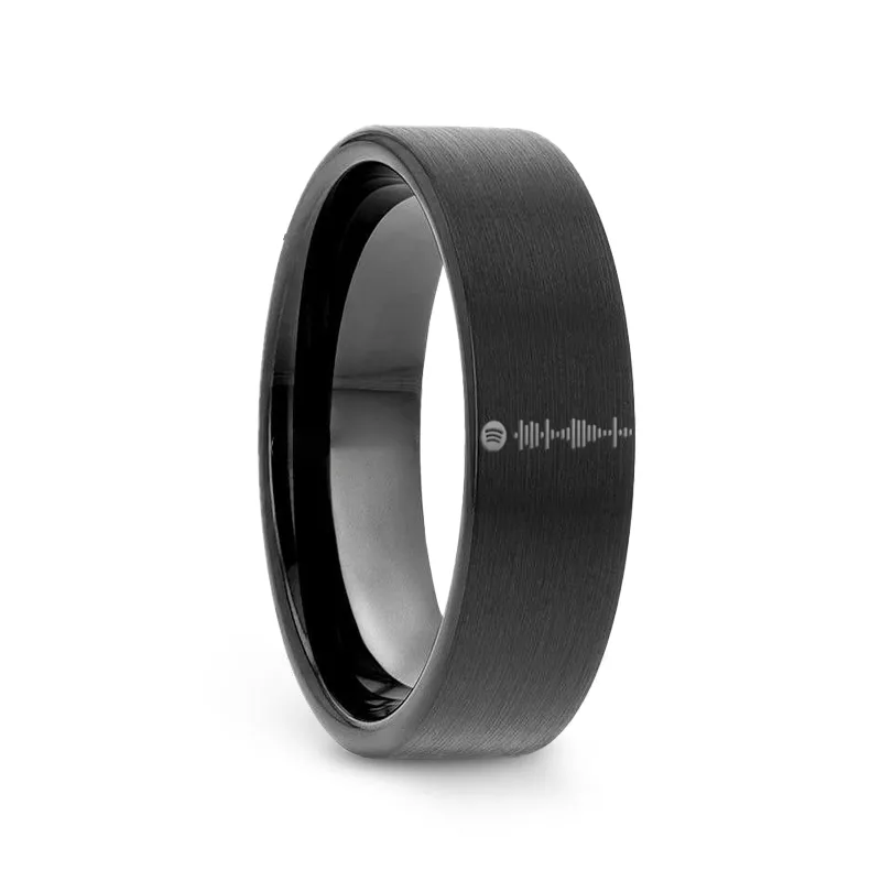 Music Code Engraved Flat Pipe Cut Black Tungsten Ring With Brushed Finish - 6mm - 12mm