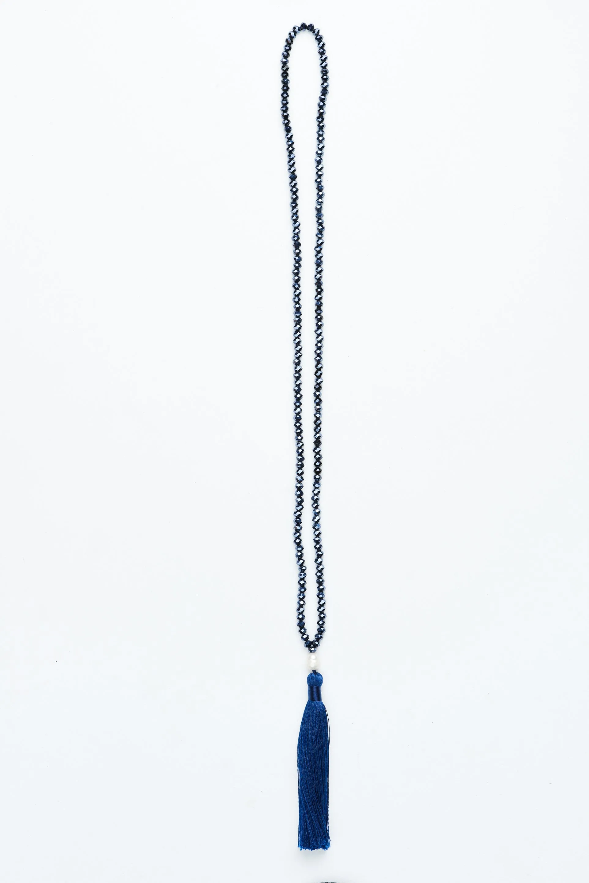 Navy Beaded Pearl Tassel Necklace