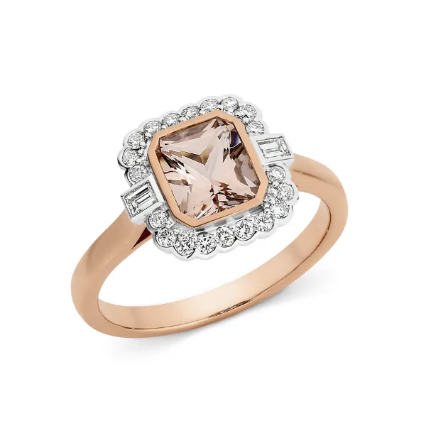 Octagonal Radiant Cut Morganite and Diamond Dress Ring