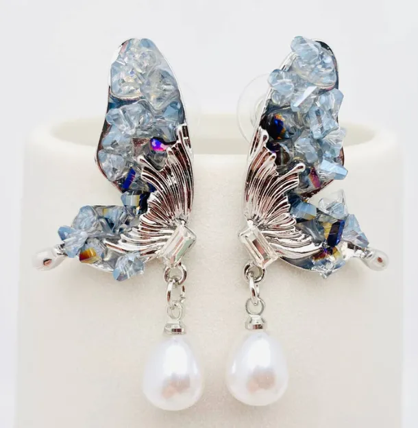 Pearl Pendant Crystal Butterfly Wing Earrings