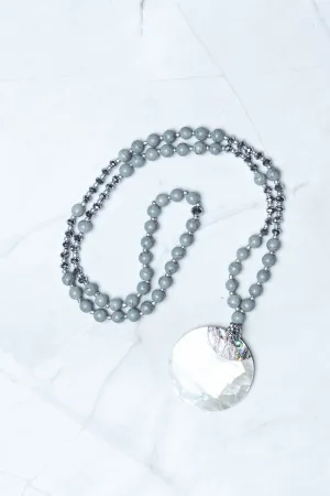 Pewter and Silver Beaded Mother of Pearl Pendant Necklace