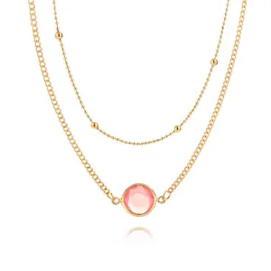 "Double Layered Gold Necklace with Pink Gemstone | Chic Minimalist Jewelry"-jltn0656