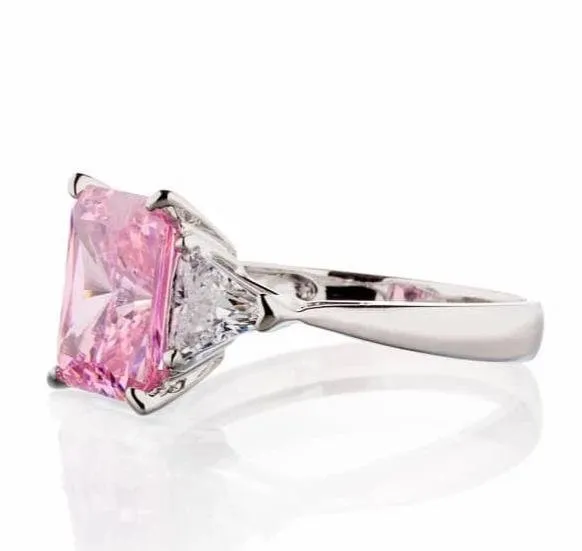 Radiant and Triangle Cut Pink Cubic Zirconia Engagement Ring In Sterling Silver