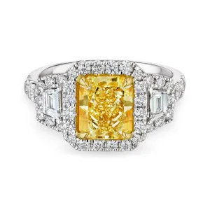 Radiant Cut Fancy Light Yellow Diamond Ring with Halo, 2 CT