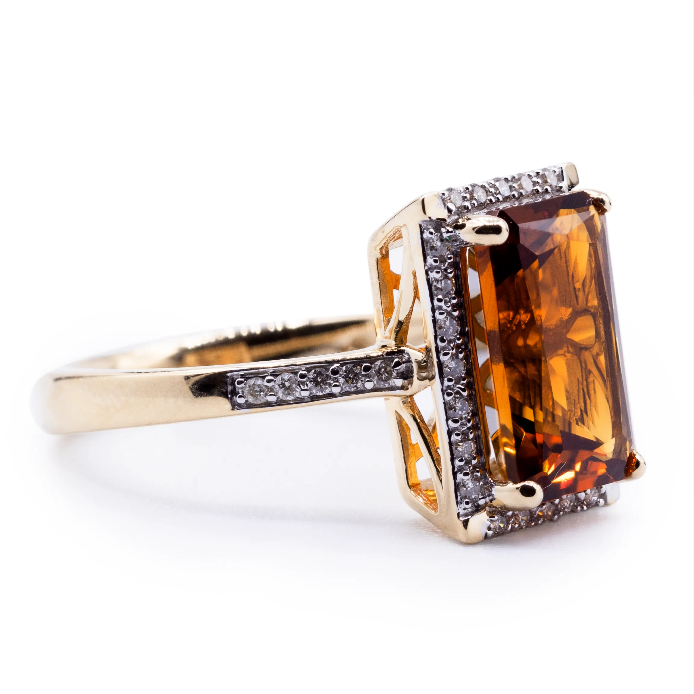 Radiant Natural Citrine with Diamond Accented Halo and Shank Ring