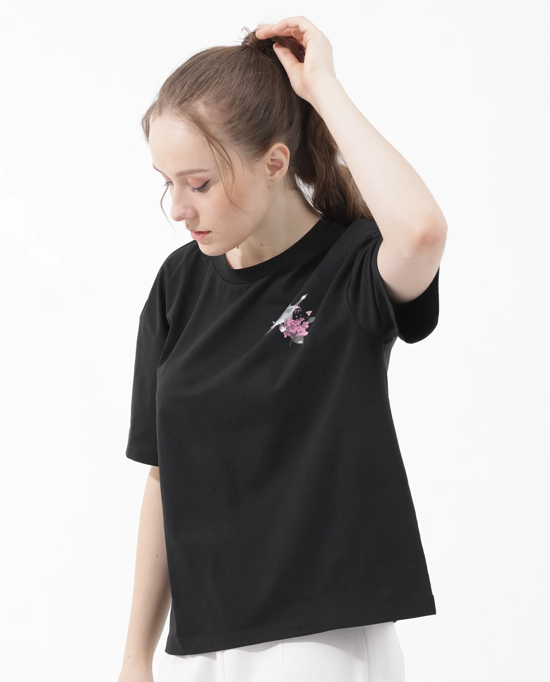 Rareism Women Birdy Black Cotton Elastane Fabric Crew Neck Knit Solid T-Shirt