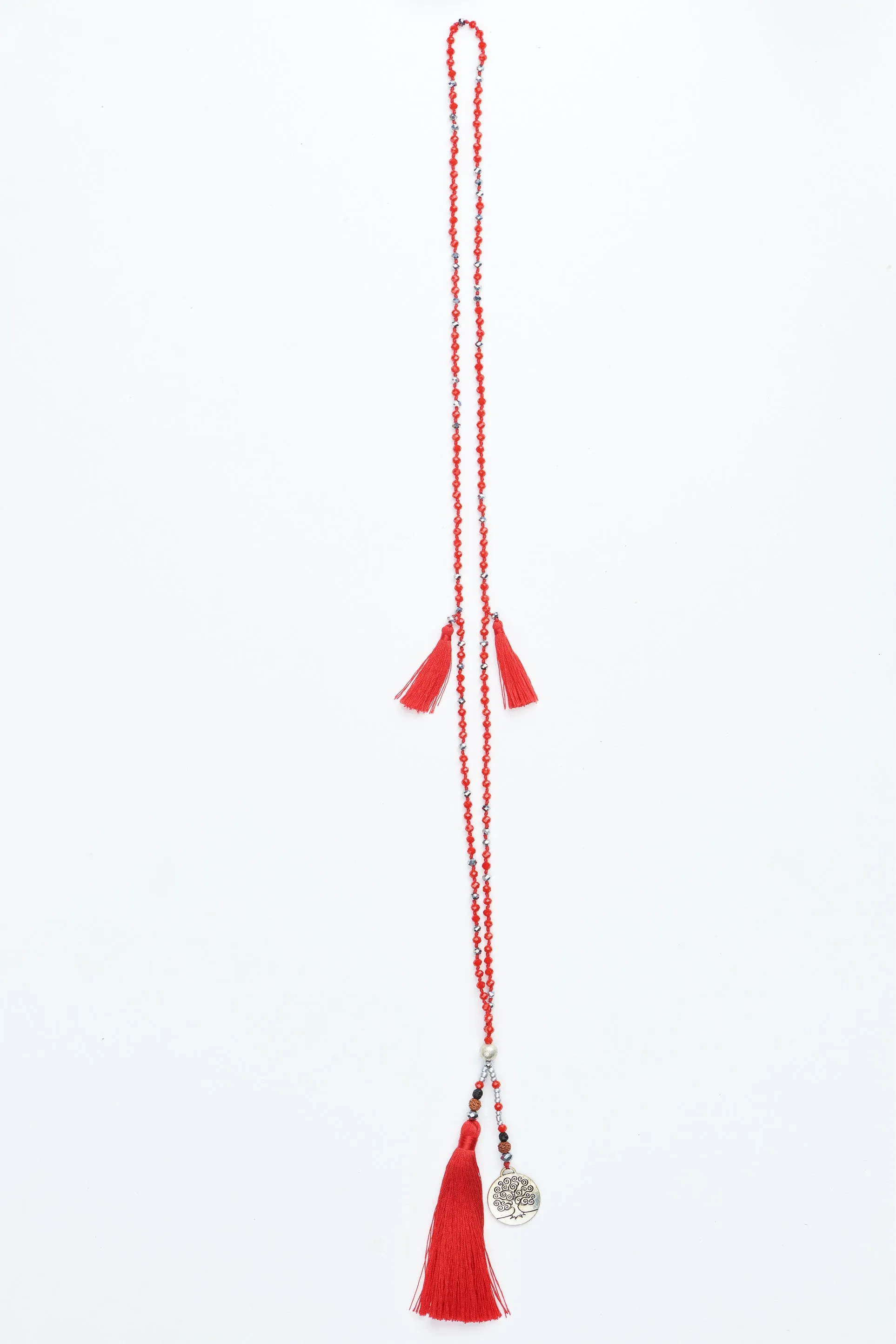 Red Tree of Life Silver Coin and Tassel Necklace