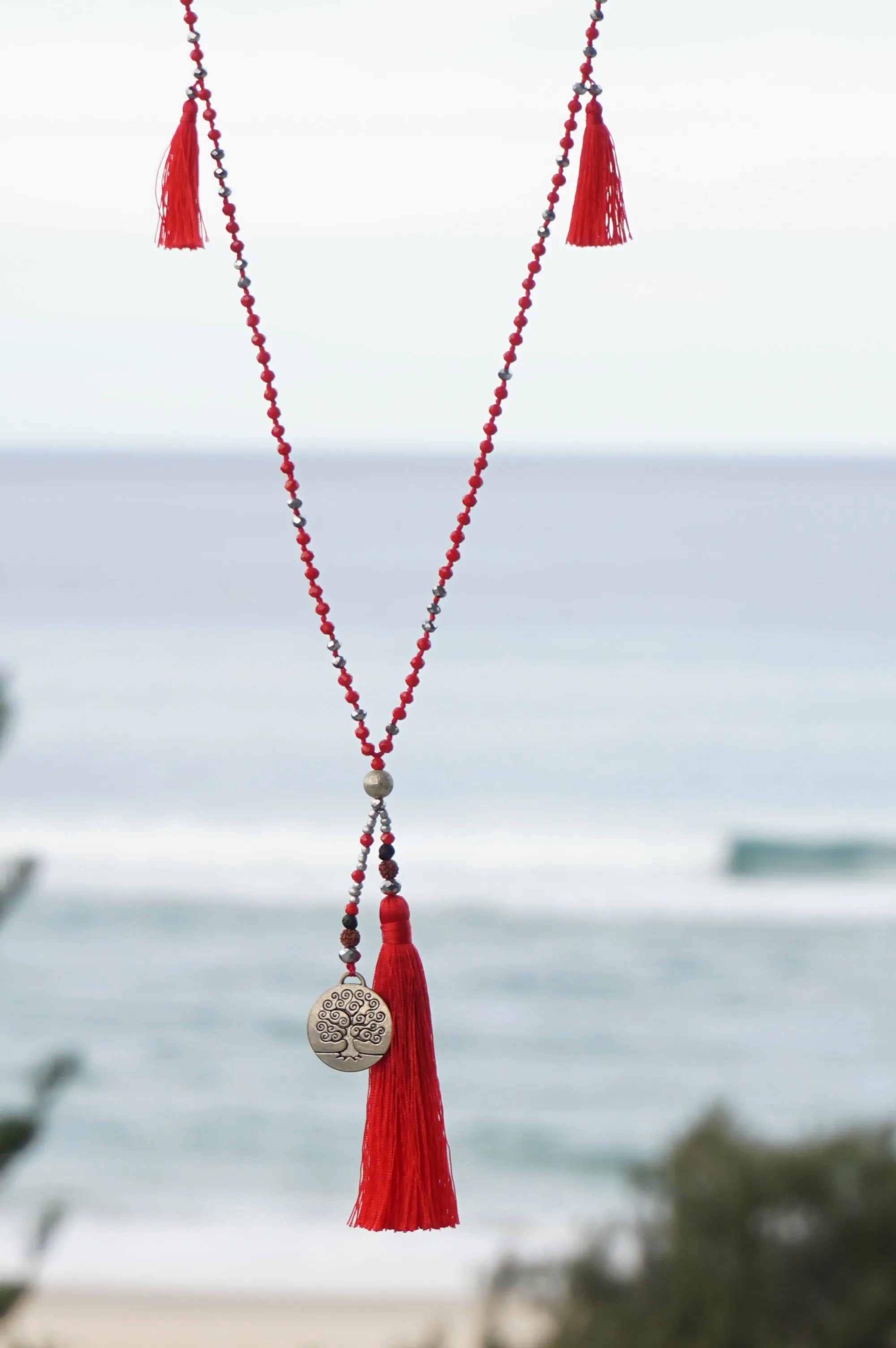 Red Tree of Life Silver Coin and Tassel Necklace