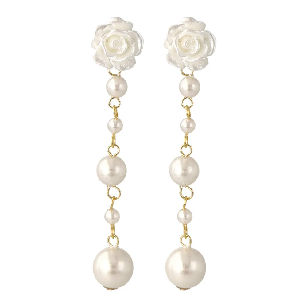 Rose and Gradient Pearl Drop Plastic Earrings