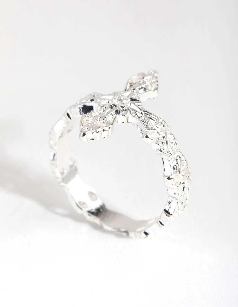 Silver Plated Cubic Zirconia Detailed Cross Ring