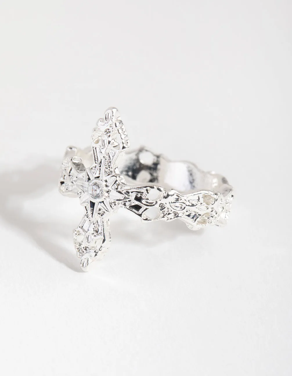 Silver Plated Cubic Zirconia Detailed Cross Ring