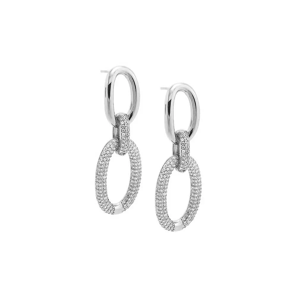 Silver Solid/Pave Open Circle Drop Stud Earrings