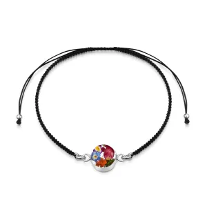 Sterling Silver black woven bracelet with flower charm - Mixed flower - Round