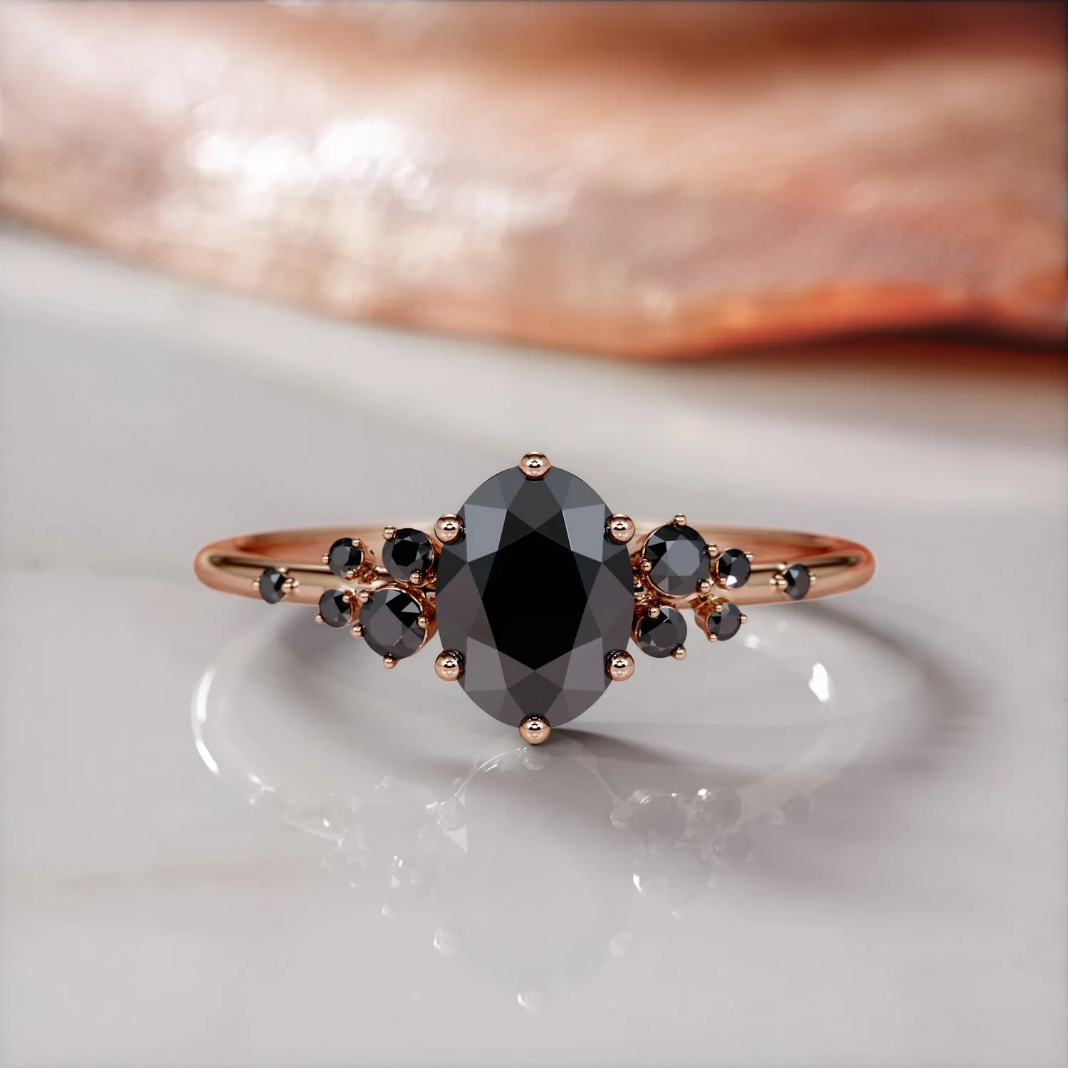 Velouria - Cluster Natural Black Diamond Oval Engagement Ring in Rose Gold