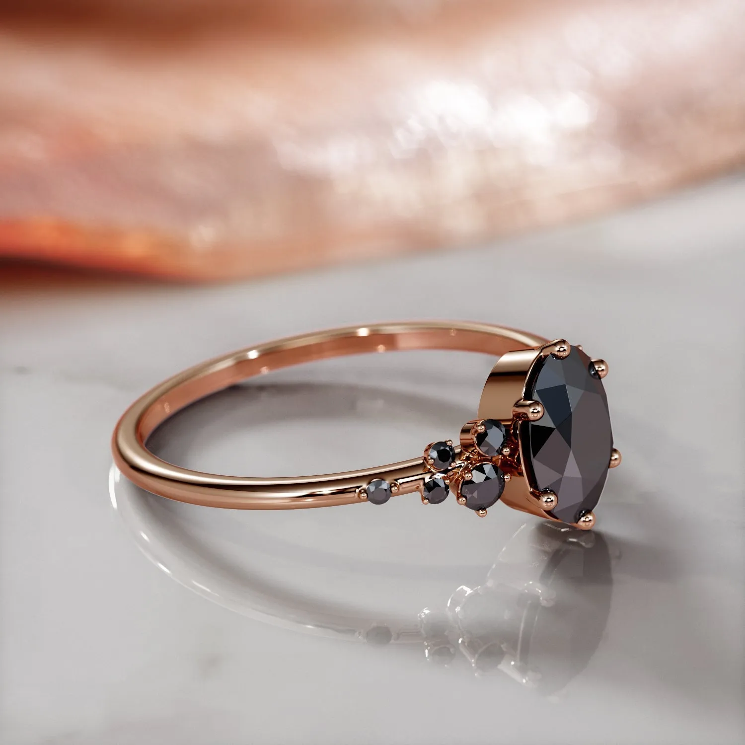 Velouria - Cluster Natural Black Diamond Oval Engagement Ring in Rose Gold