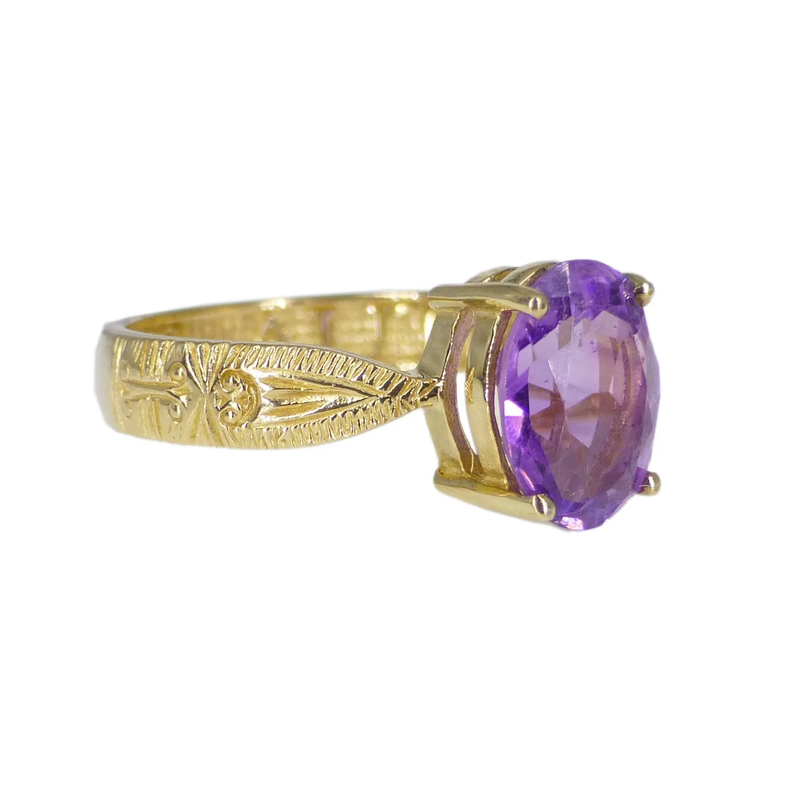 Vintage 9ct Gold Engraved 'A Nul Autre' Amethyst Ring