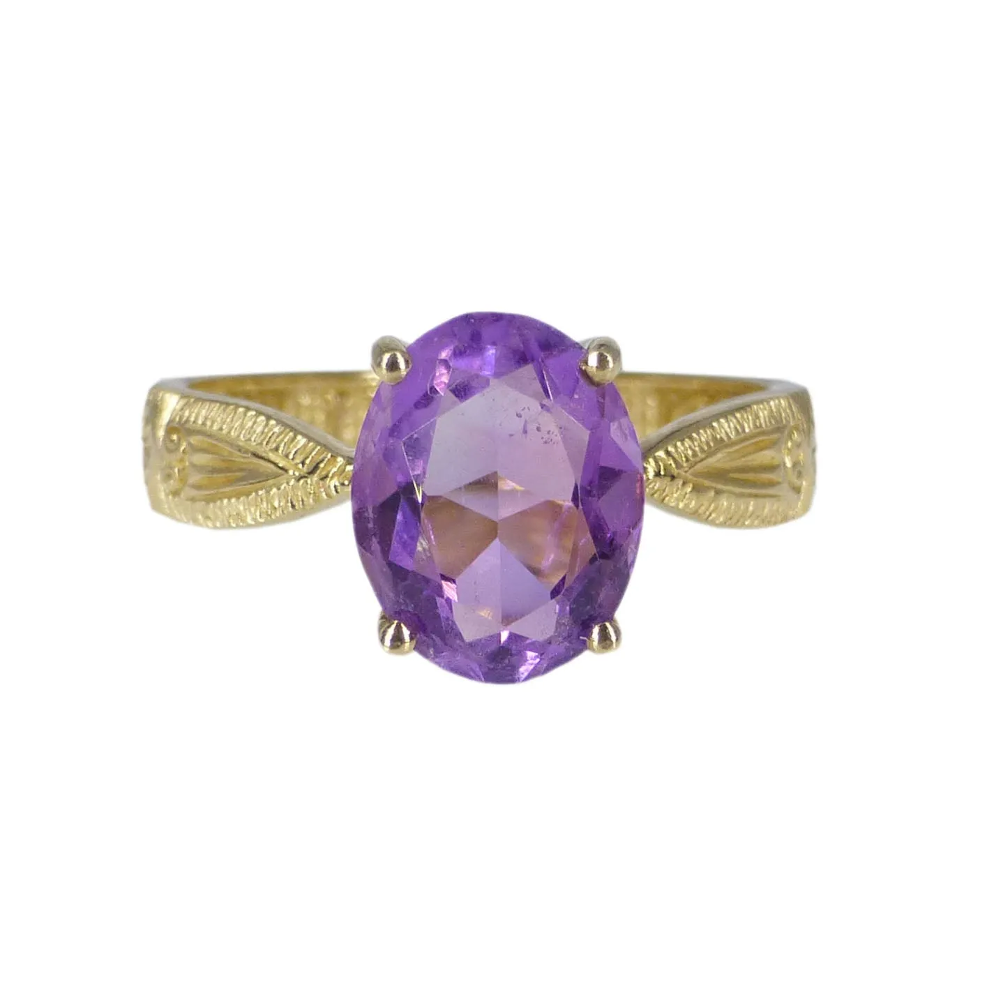 Vintage 9ct Gold Engraved 'A Nul Autre' Amethyst Ring